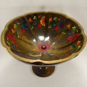 Vintage 13" Mexican Folk Art Batea Pedestal Burl Bowl Wooden Hand Painted Floral